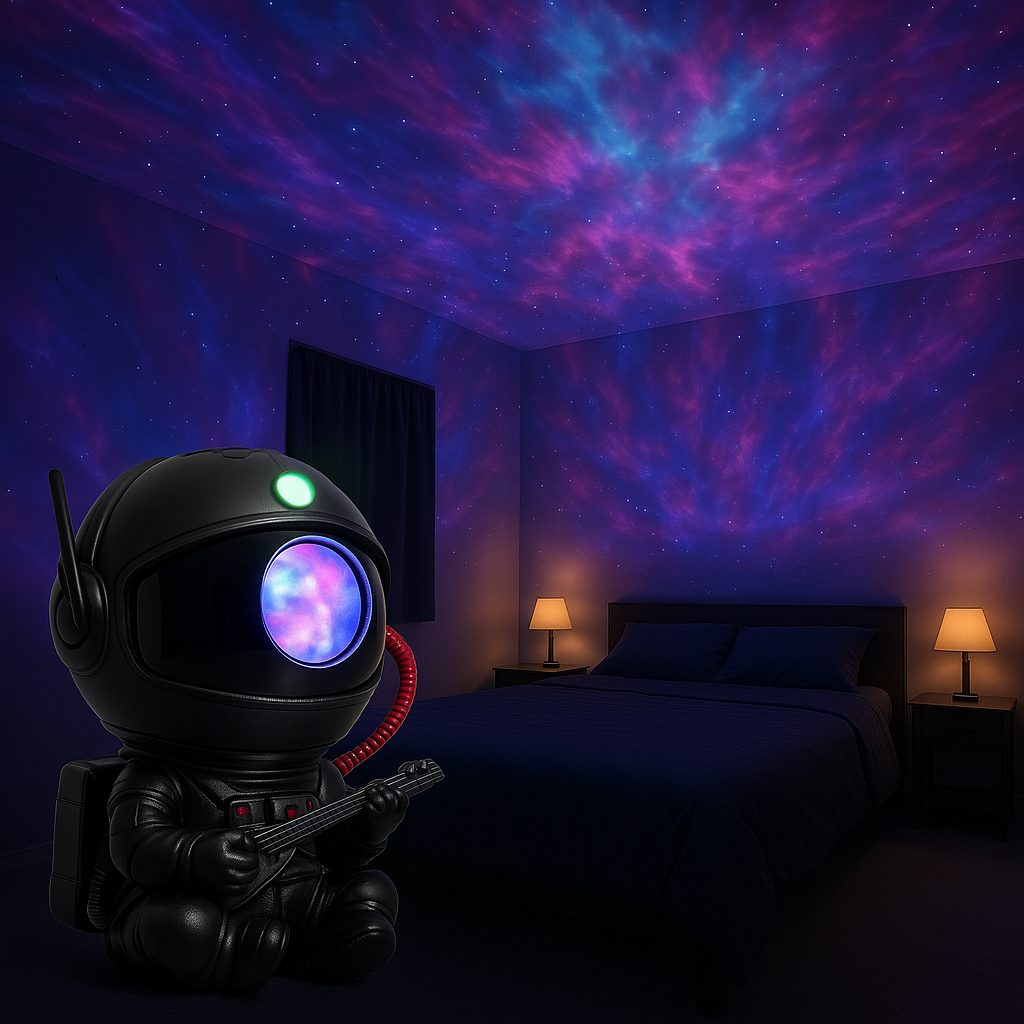 Bedroom ceiling and walls transformed with vibrant, swirling nebula projections in blue, purple, and pink hues, creating an immersive space-like environment that completely transforms the room.