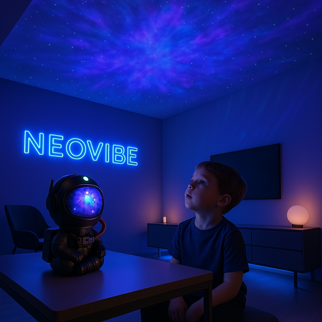 Room transformed with blue and purple nebula cloud projections on the ceiling while a child looks up in wonder