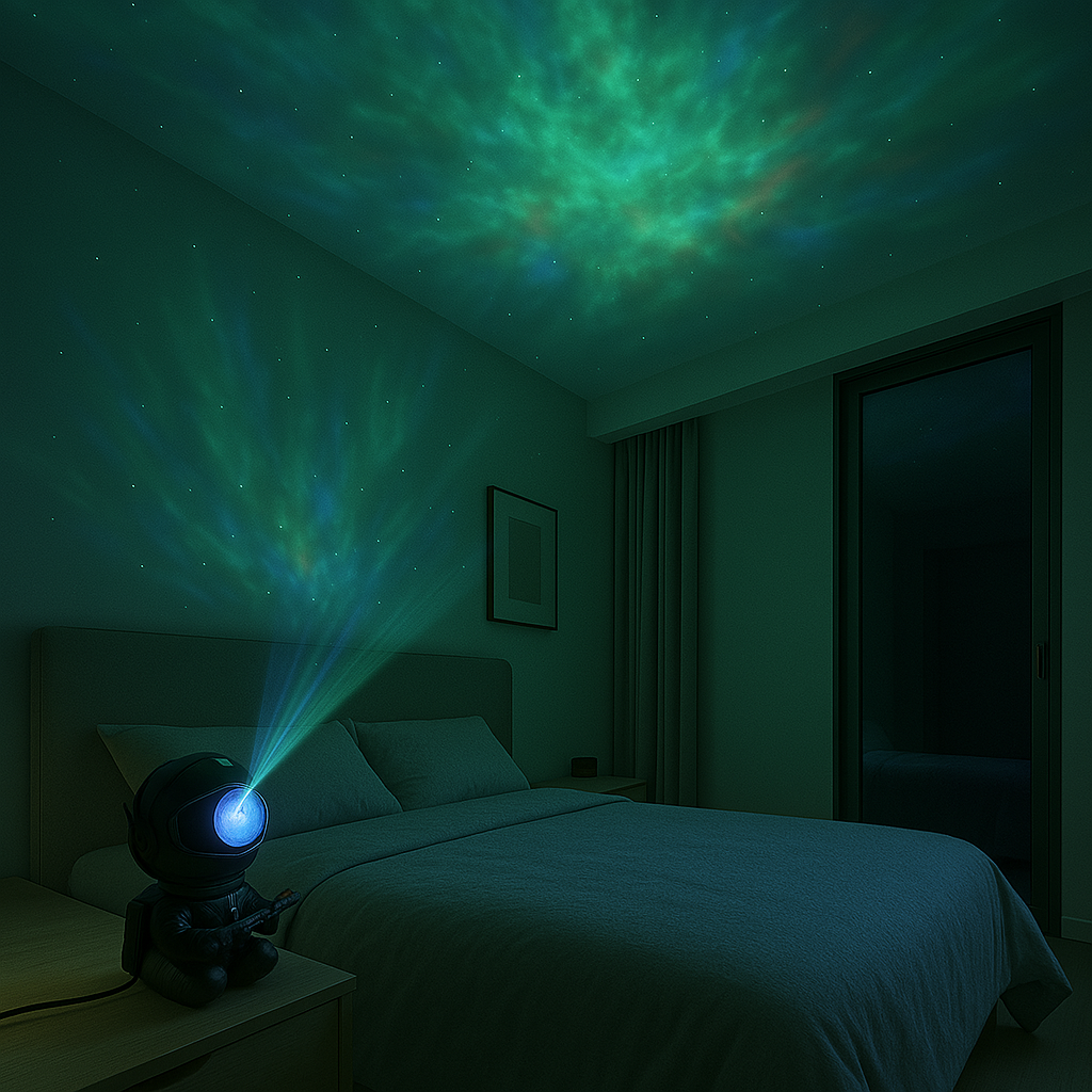 Bedroom with green and blue galaxy projections creating a peaceful sleep environment