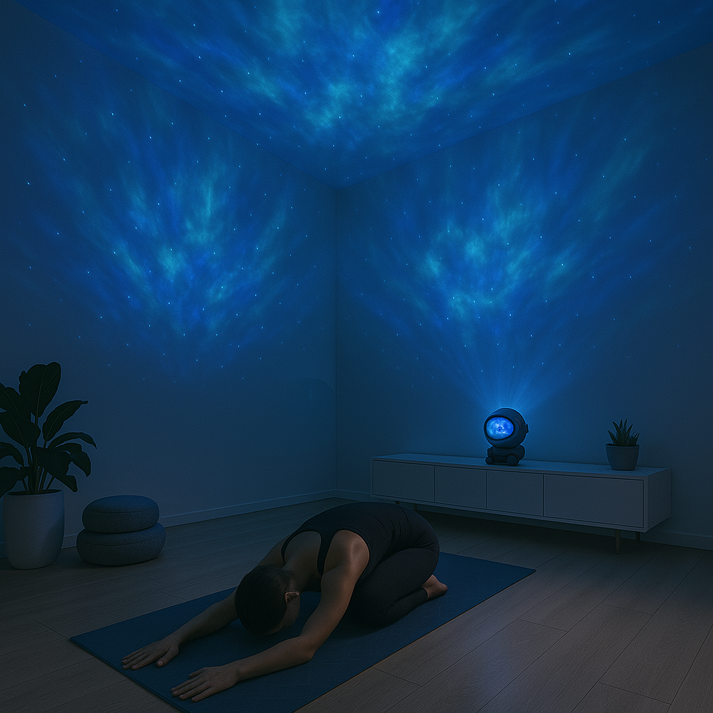 Yoga or meditation space with calming blue galaxy projections creating a serene atmosphere