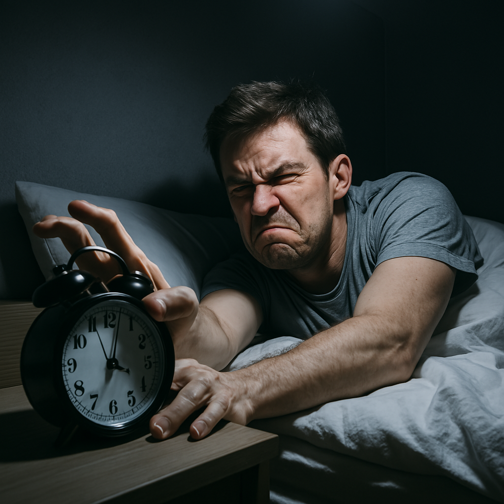 Person grimacing and looking stressed while reaching to turn off a loud traditional alarm clock in a dark bedroom with harsh overhead light