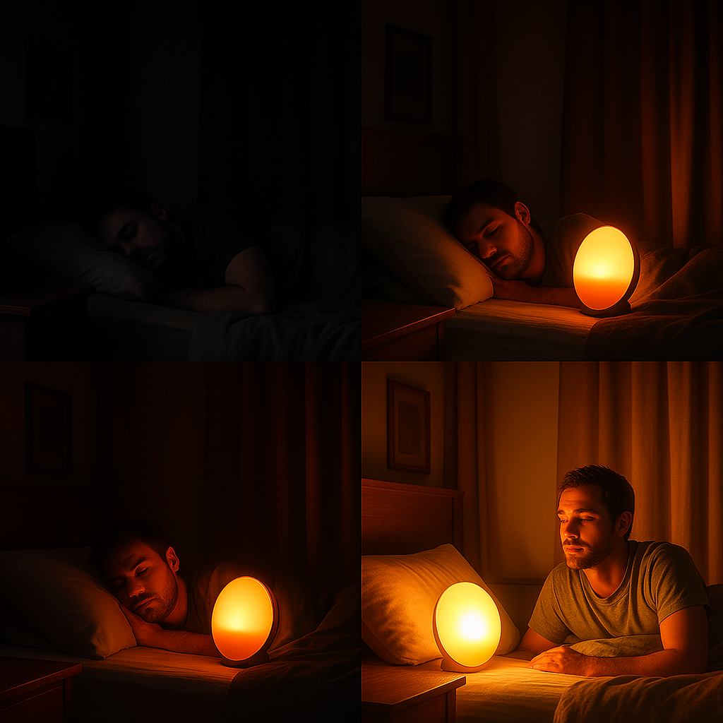 A dark bedroom gradually brightening with sunrise simulation over 30 minutes, transitioning from darkness to gentle orange-yellow light, helping a person wake up naturally and peacefully instead of being startled by a traditional alarm.