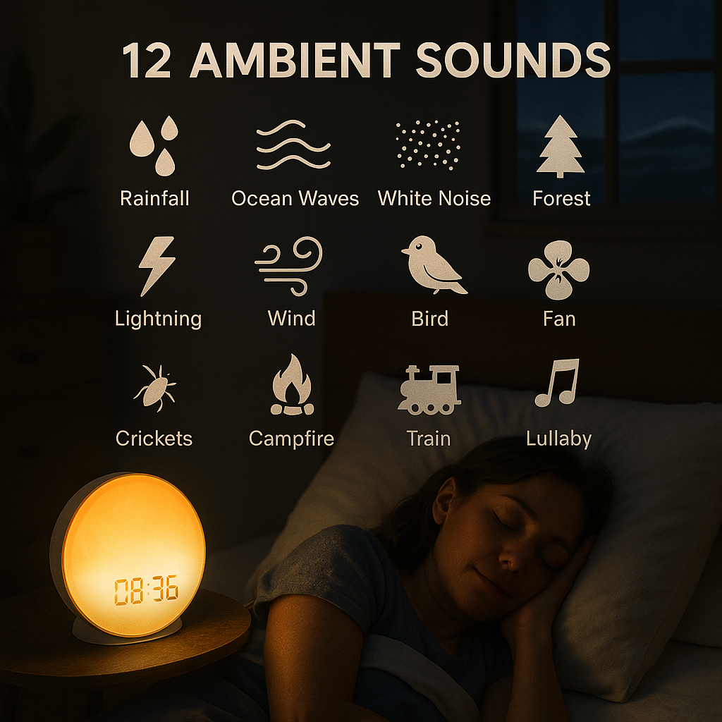 Showcasing the 12 different ambient sounds helping a person fall asleep, with visual representations of rainfall, ocean waves, white noise, and forest sounds creating a peaceful sleeping environment. The sound fills the bedroom space to mask disturbances and promote deeper sleep.