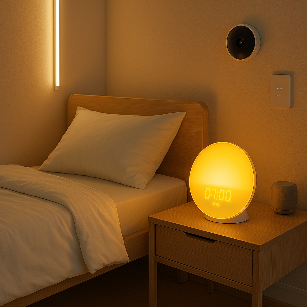 Neovibe Sunrise Wake Up Light on wooden nightstand next to a bed with white linens, displaying a soft yellow light in a minimalist bedroom